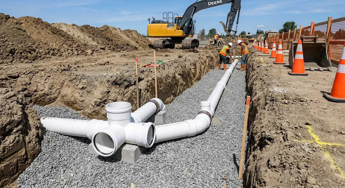 New PVC sewer pipe installation in open trench for Grease Trap Cleaning in Hillsboro
