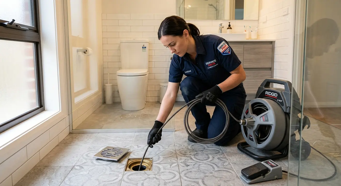 Technician clearing a bathroom floor drain for Drain Cleaning in Hillsboro